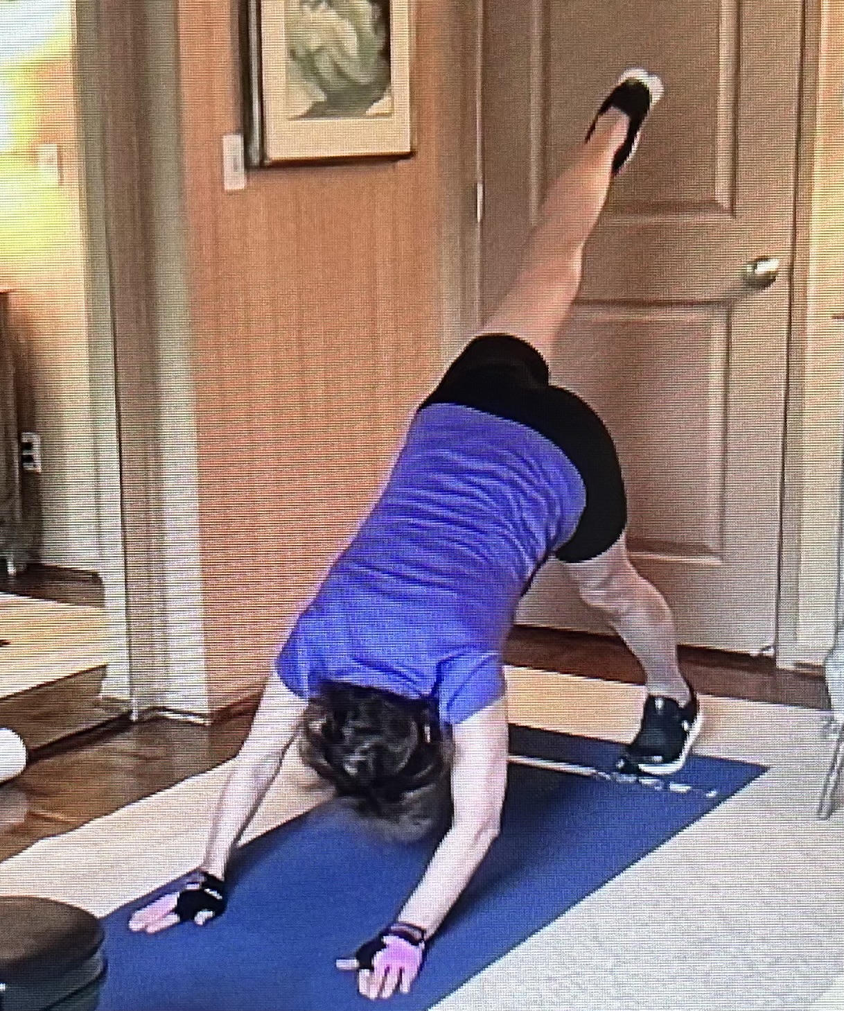 Online client doing single-leg pike on yoga mat at home